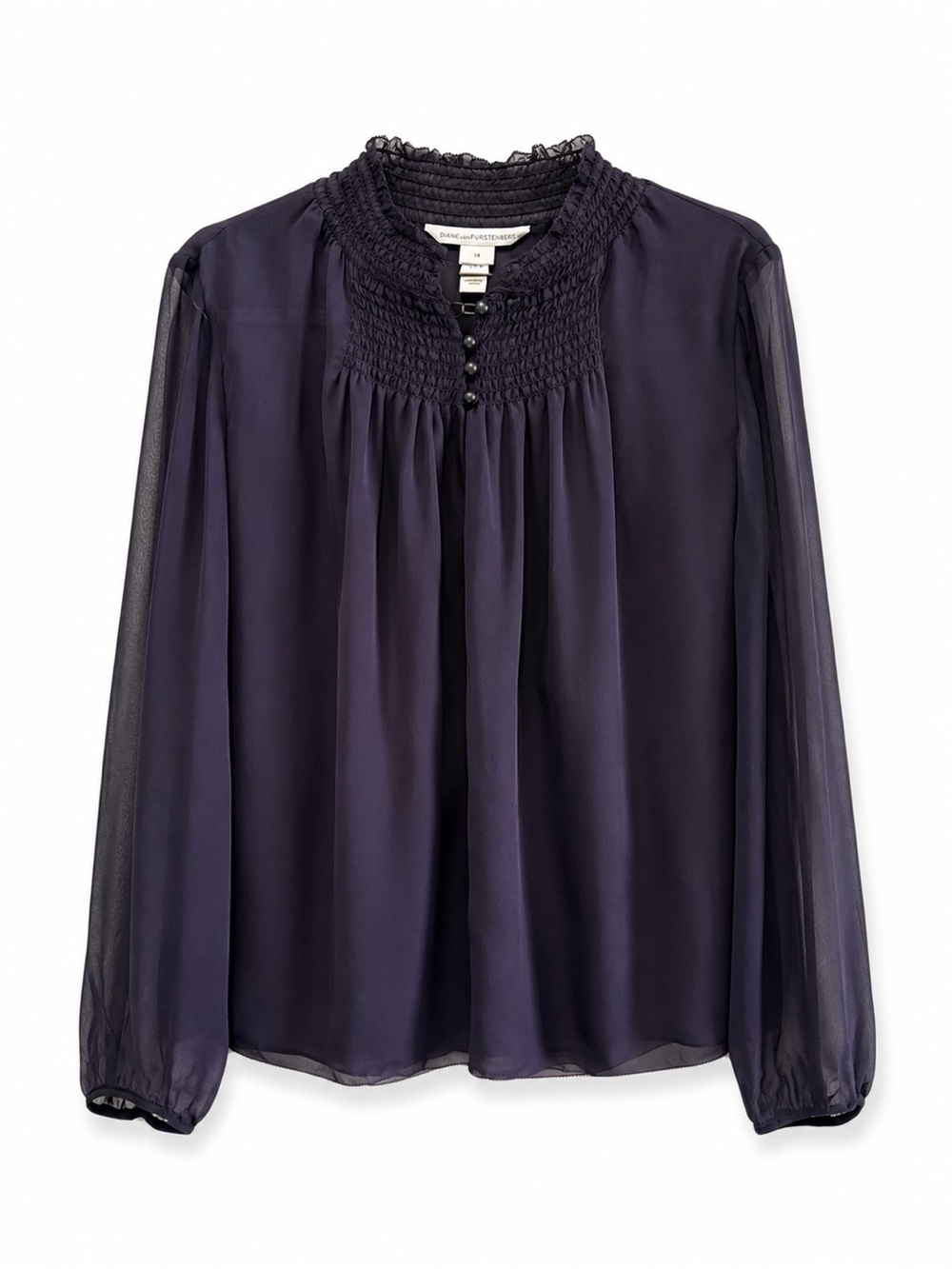 Diane von Furstenberg 100% Silk Navy Smocked Blouse Sheer Sleeve Size 14